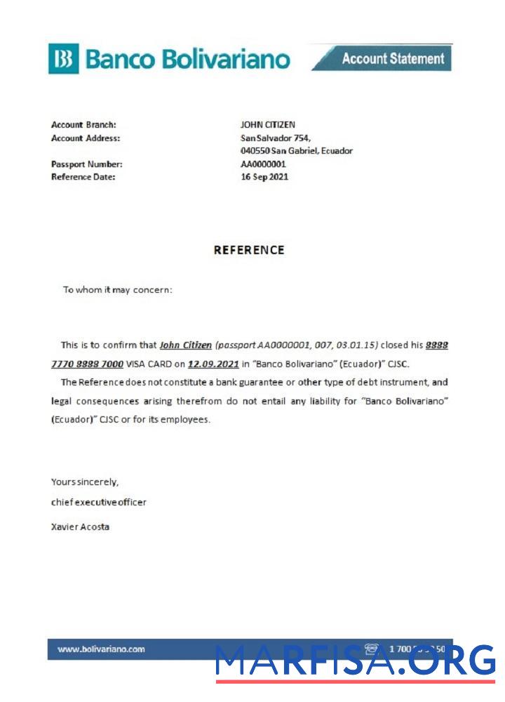 Realistic Ecuador Banco Bolivariano bank closure reference sample